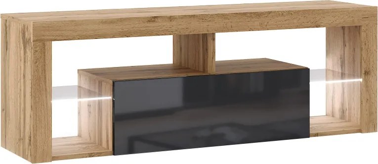TV-szekrény 140 cm, Wotan tölgy/magasfényű fekete színkombinációban, LED-világítással EVEREST HUGO