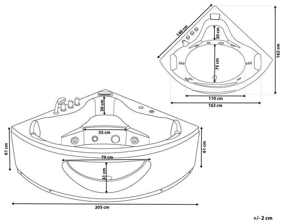Fehér whirlpool masszázskád LED világítással 205 x 146 cm TOCOA Beliani