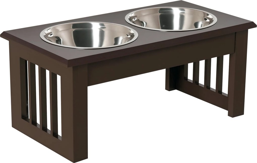 PawHut Magasított Kutyatápláló Állomás 2 Tálcával - 2 x 900ml Rozsdamentes Acél Tálak - Kutyák és Macskák Részére - Espresso | Aosom
