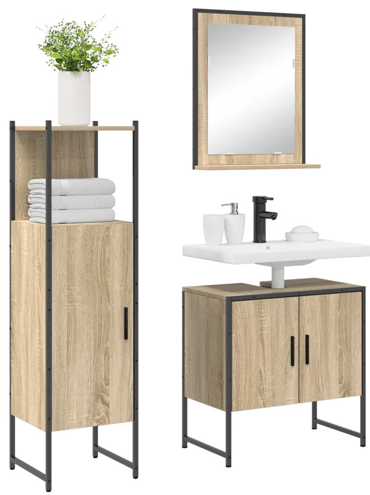 3 darabos Fürdőszoba Bútor Szett Sonoma tölgy Műanyag, Fürdőszoba Tükör Polccal Sonoma tölgy 50x12x60 cm Műanyag