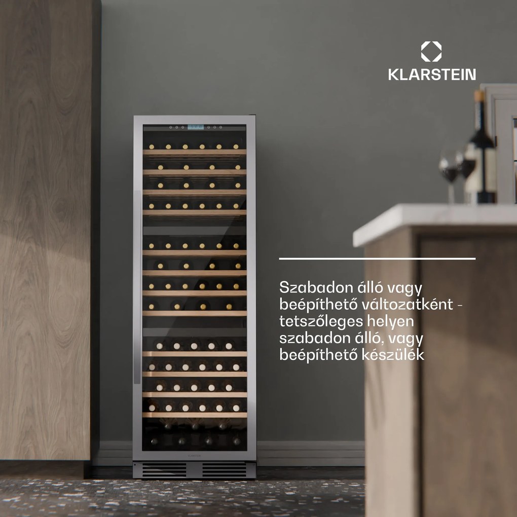 Klarstein Vinovilla Trio borhűtő, 143 palack, 3 zóna, 38 dB, 12 polc, kompresszor, 413 liter