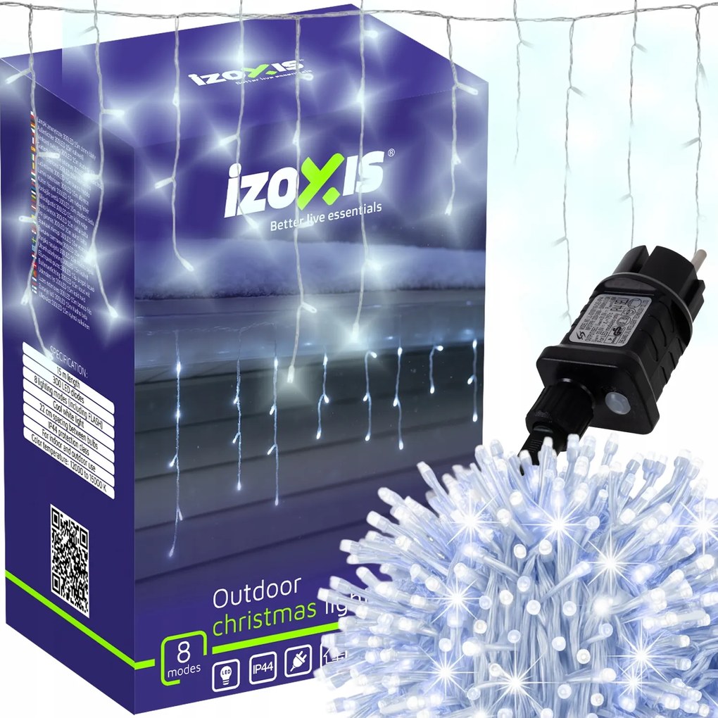 Izoxis 26711 karácsonyi fények 300 Led, IP44, 8 üzemmód, 15 m, hideg fehér