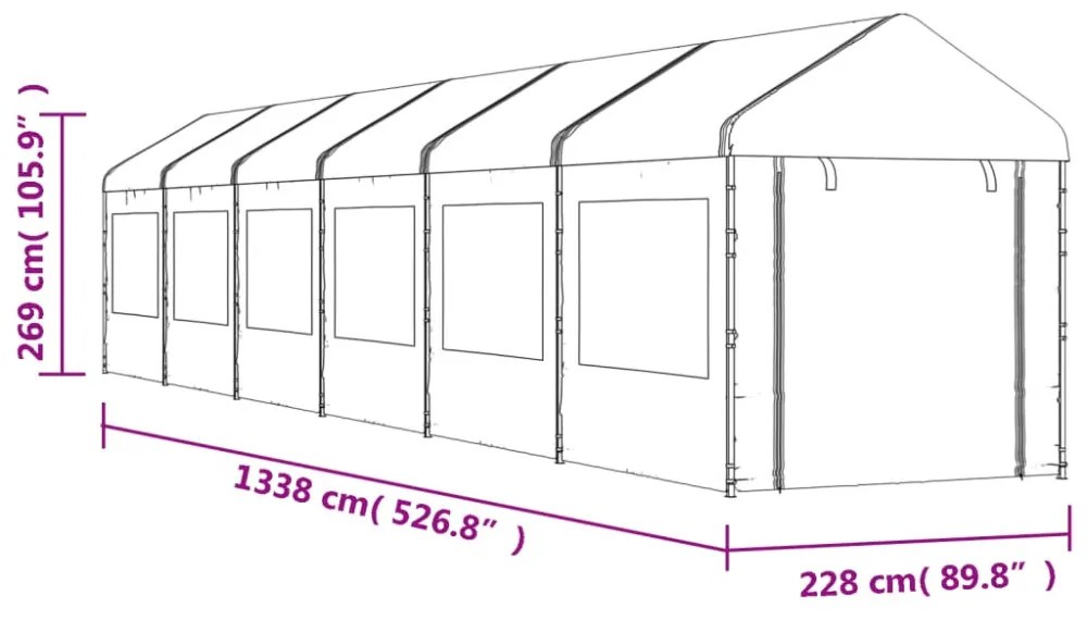 vidaXL fehér polietilén pavilon tetővel 13,38 x 2,28 x 2,69 m