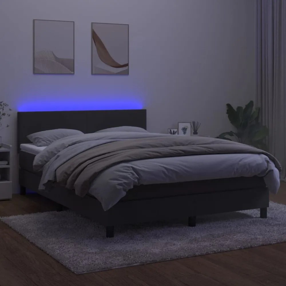 sötétszürke bársony rugós és LED-es ágy matraccal 140x200 cm