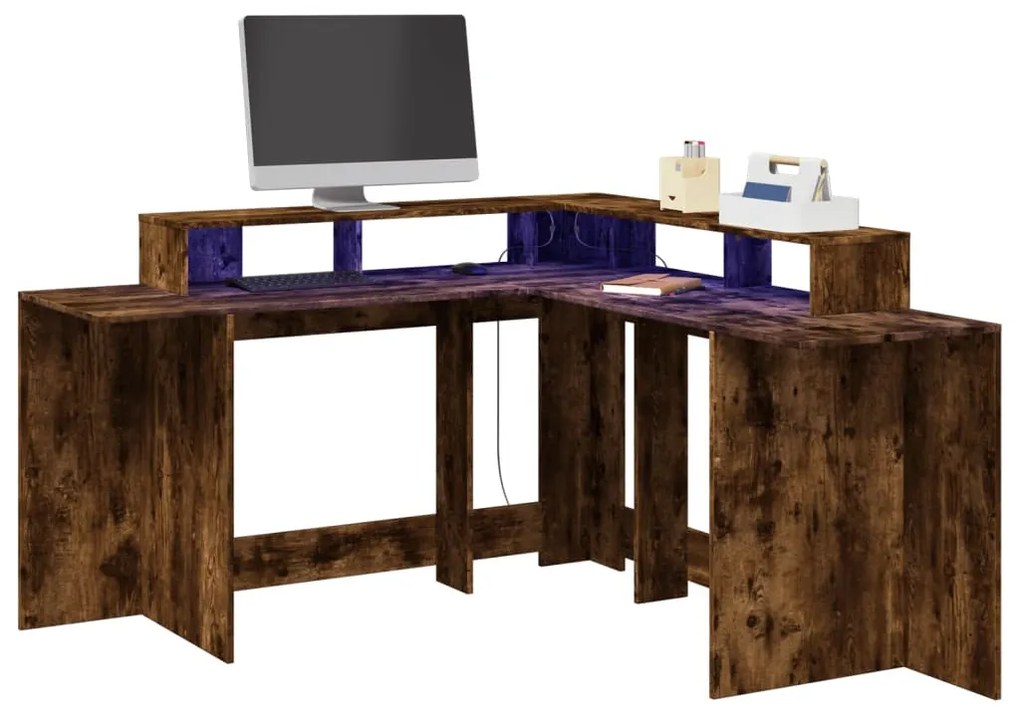 füstös tölgy színű szerelt fa íróasztal LED-ekkel 152x152x91 cm