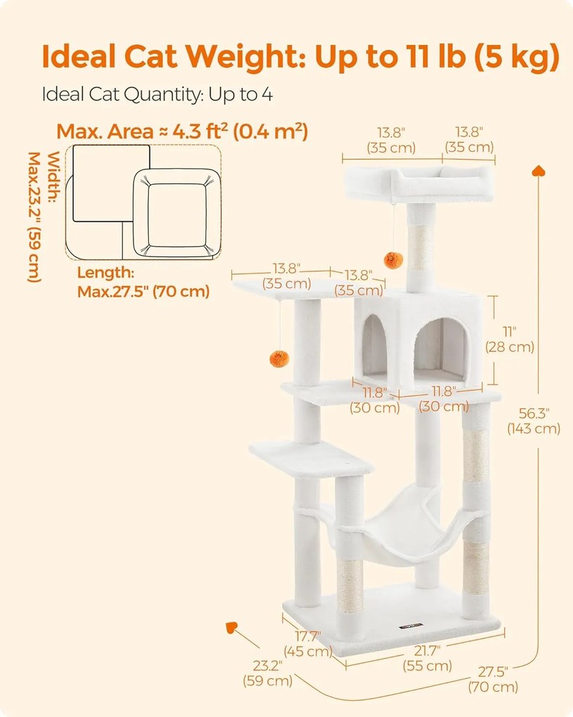 Macska kaparófa, 143 cm-es többszintes plüss macska torony, krémfehér