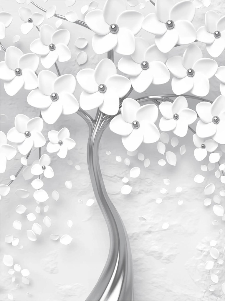 Fotótapéta Ezüst fa fehér virágokkal finom 206x275 +ragasztó