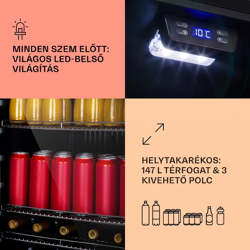 Klarstein Beersafe 5XL, hűtőszekrény, 147 liter, 3 polc, panoráma üvegajtó, rozsdamentes acél