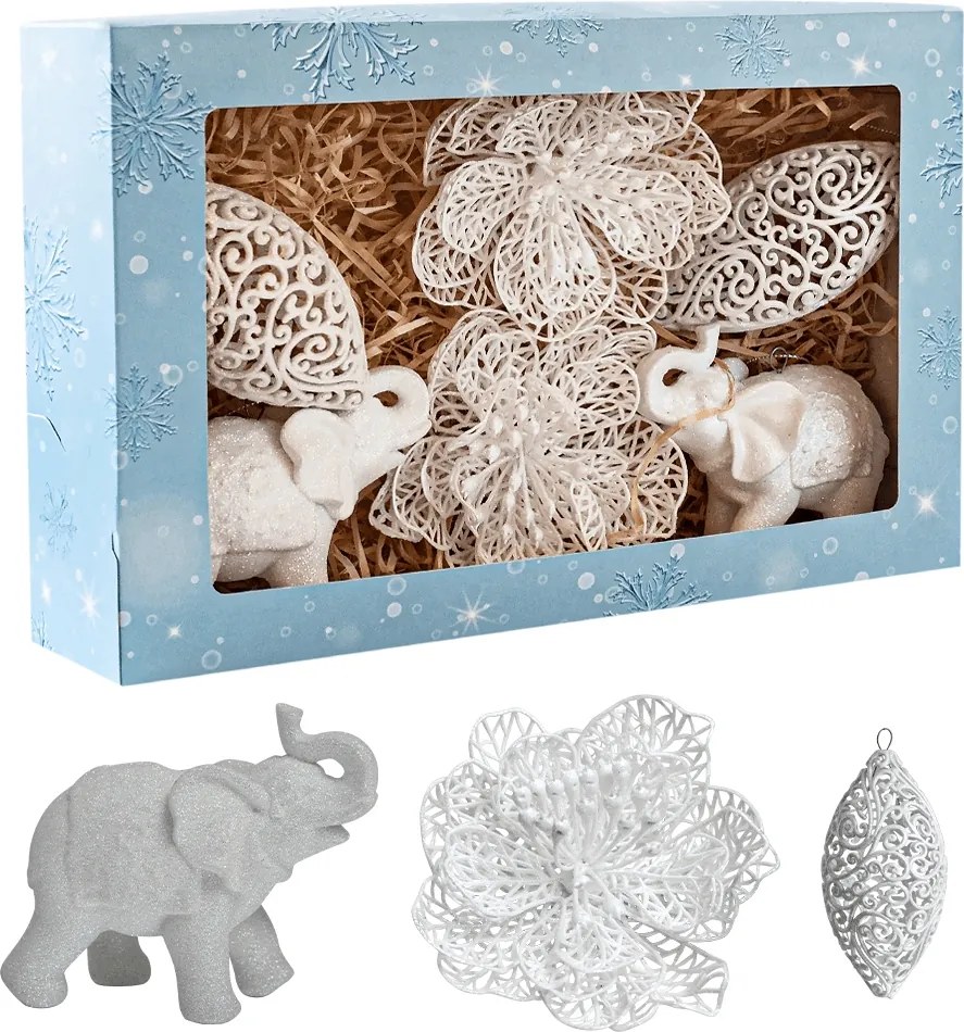 Fehér karácsonyfadísz szett Karácsonyi elefánt gömb hosszúkás mozaik