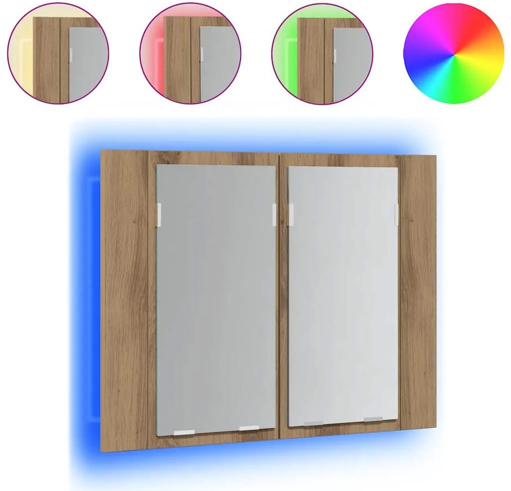 vidaXL kézműves tölgyszínű szerelt fa tükörszekrény LED-del 60x12x45cm
