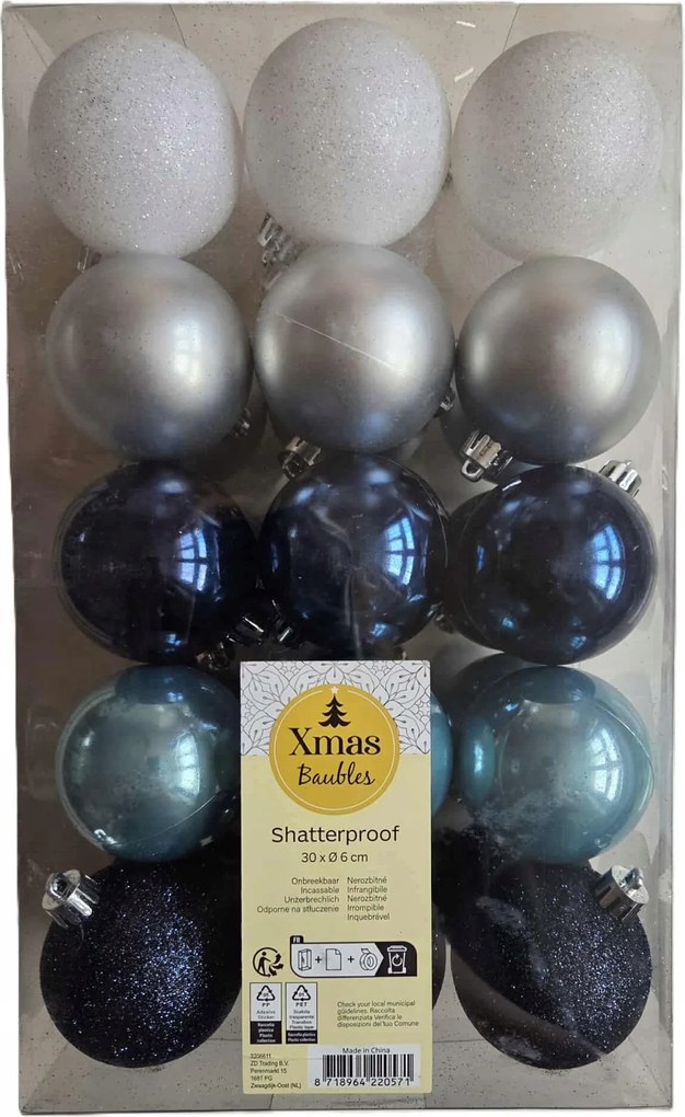 Törhetetlen karácsonyfadísz gömb szett, műanyag, 30 darab, 6 cm, kék