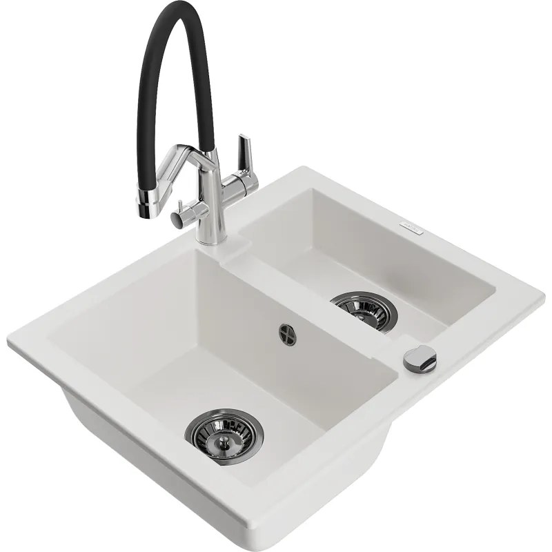Mexen Carlos 1,5-medencés gránit mosogató Duo konyhai csappal, fehér - 6518-20-671701-07-B