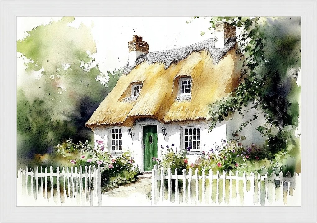 Poszter Keret Fa Tájkép Anglia Ház Kunyhó Kert Nádas Falu 60x40