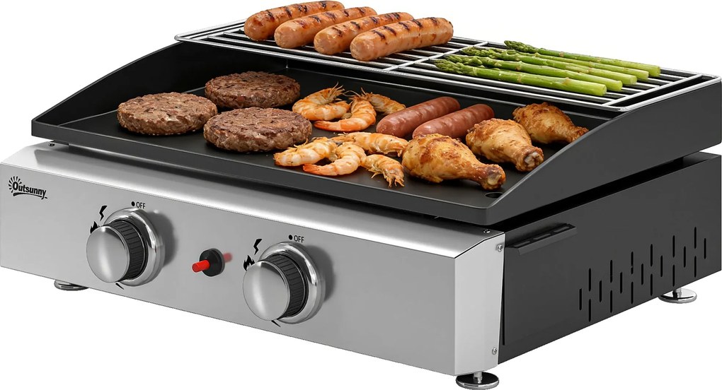 Outsunny hordozható asztali gázgrill, 5 kW, 2 égő, kerámia bevonatú sütőlappal, melegentartó rácsal, kivehető zsírtálcával, rozsdamentes acél — Piknik