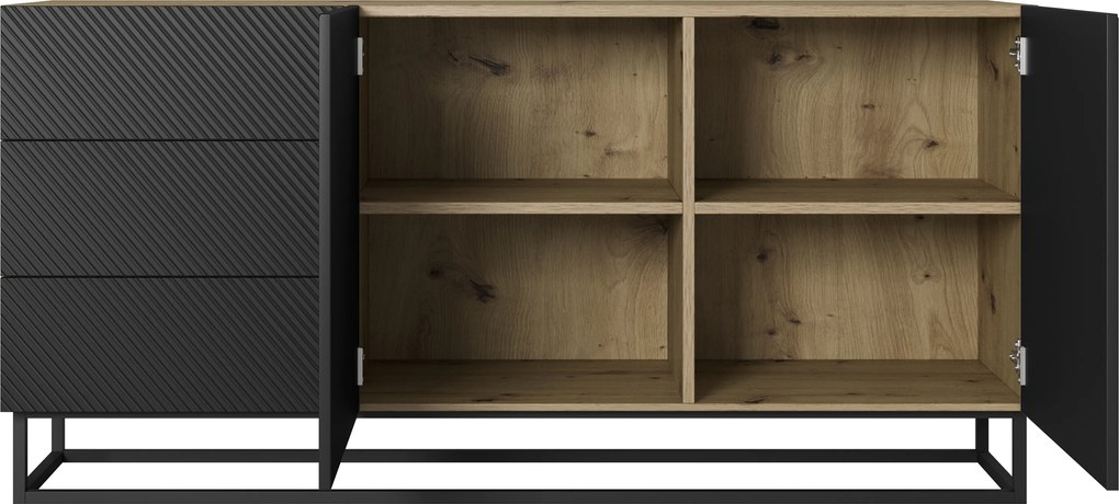 Asha fiókos komód, 167 cm, fém talapzattal - Artisan / matt fekete