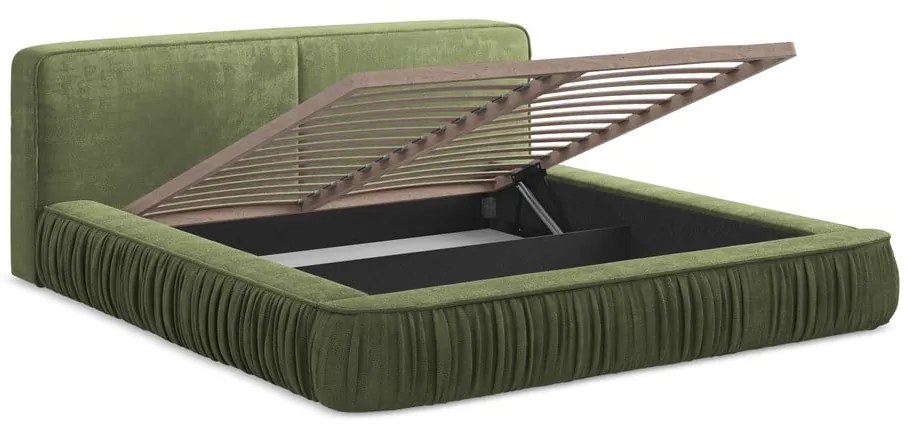 Zöld kárpitozott ágyneműtartós franciaágy ágyráccsal 160x200 cm Keoni – Makamii