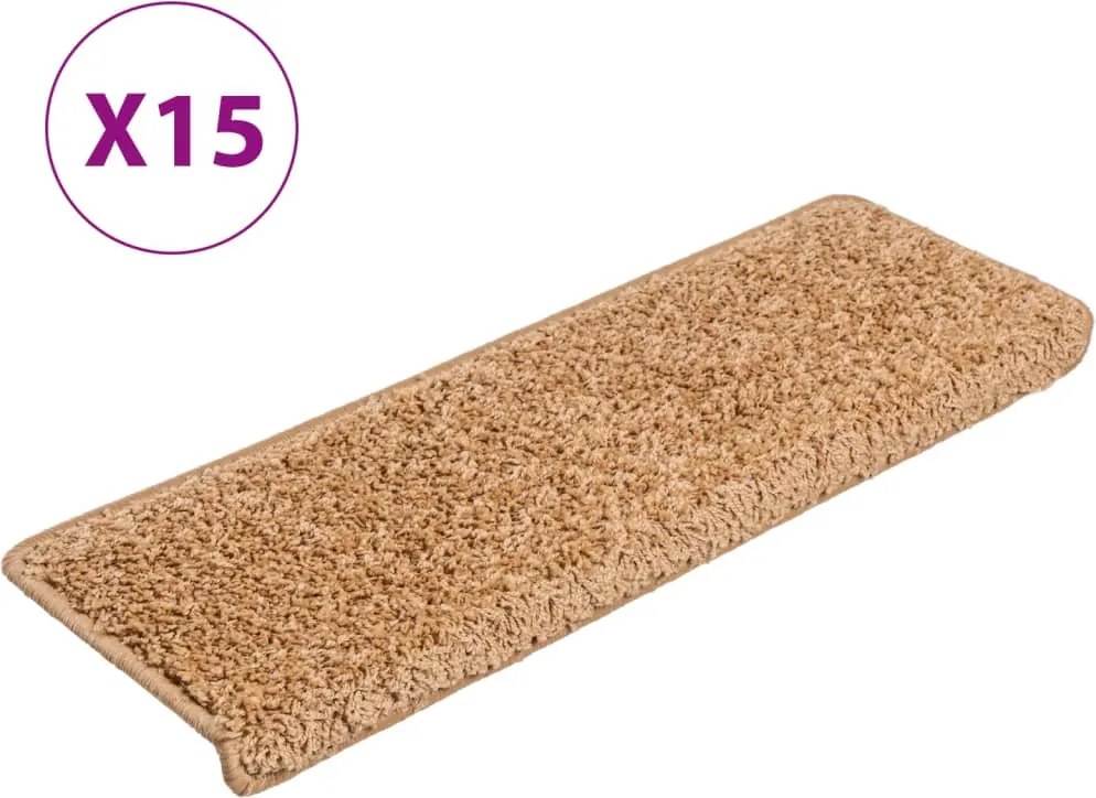 vidaXL 15 db lépcsőszőnyeg, 65 x 21 x 4 cm, bézs, téglalap alakú széllel