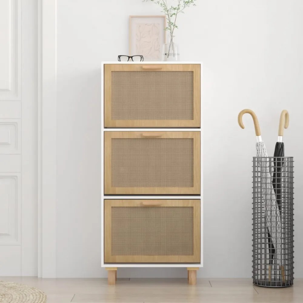 fehér szerelt fa és természetes rattan cipőszekrény 52x25x115cm