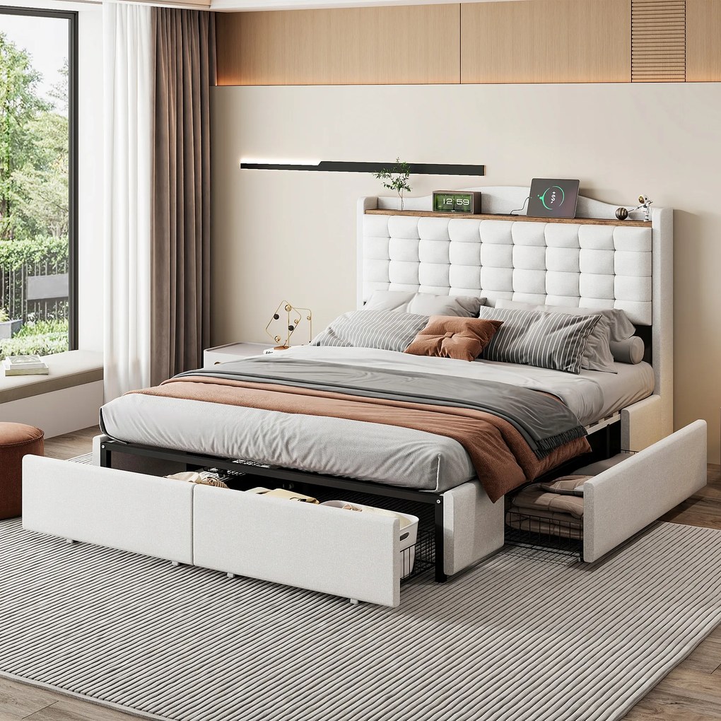 Kárpitozott ágy Franciaágy 140*200 cm Usb 4 fiókos Len bézs