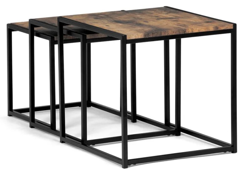 Set 3 măsuțe, MDF, decor lemn vechi, metal, lac negru