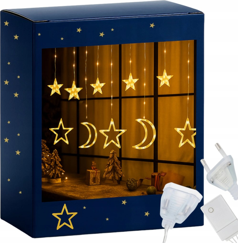 Fényfüggöny Karácsonyfa Lámpák Csillagok Hold Led Fehér Meleg Ablak