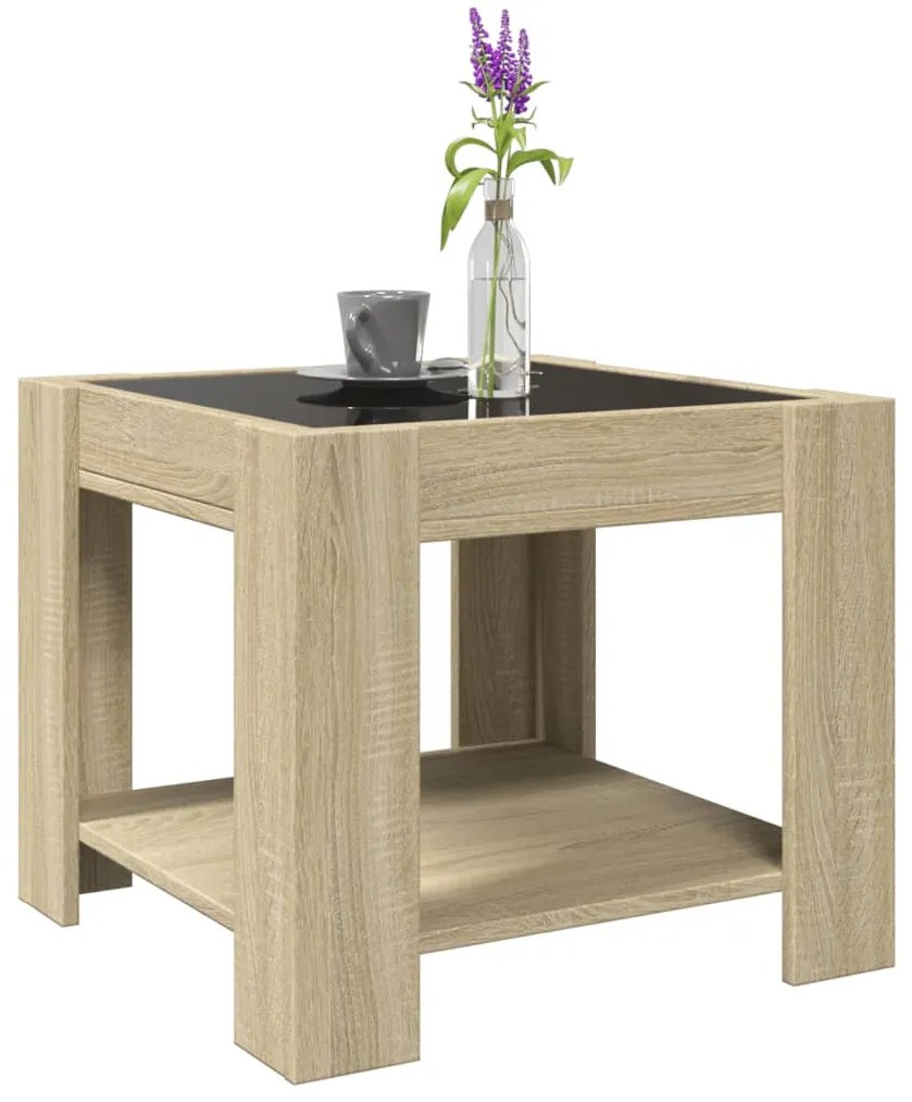 Sonoma tölgy szerelt fa dohányzóasztal LED-del 53 x 53 x 45 cm