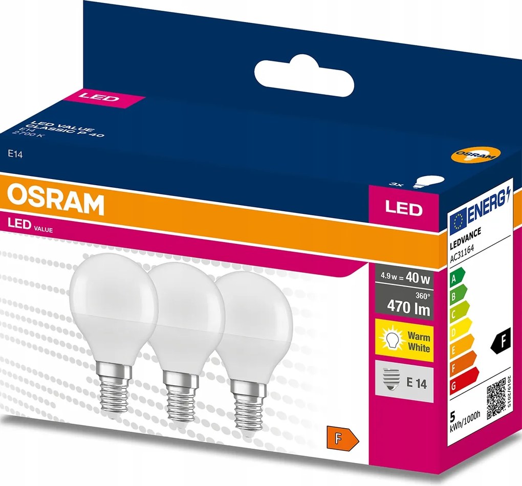 3x Led izzó E14 P45 4,9W 40W 470lm 2700K Meleg 200° Osram Value