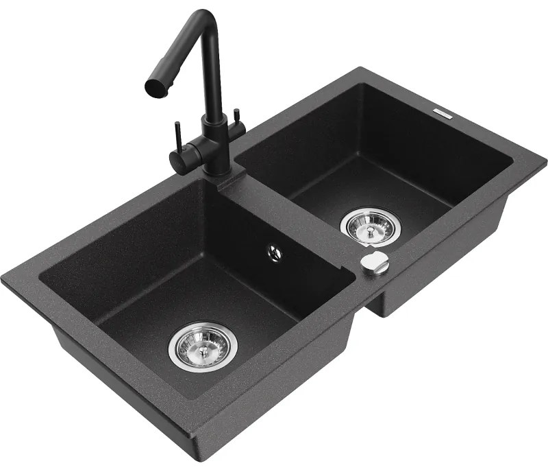 Mexen Mario, 2-kamrás gránit mosogató 820x436x161 mm és Duero fekete mosogató csaptelep, fekete foltos, 6504-76-671600-70