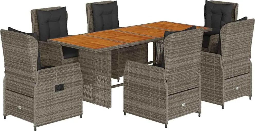 vidaXL 7 részes szürke polyrattan kerti étkezőgarnitúra párnával