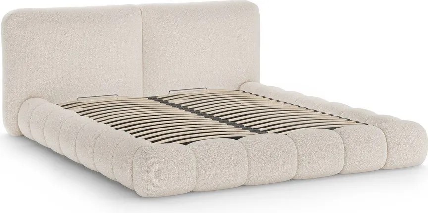 Bézs kárpitozott ágyneműtartós franciaágy ágyráccsal 160x200 cm Solange – Micadoni
