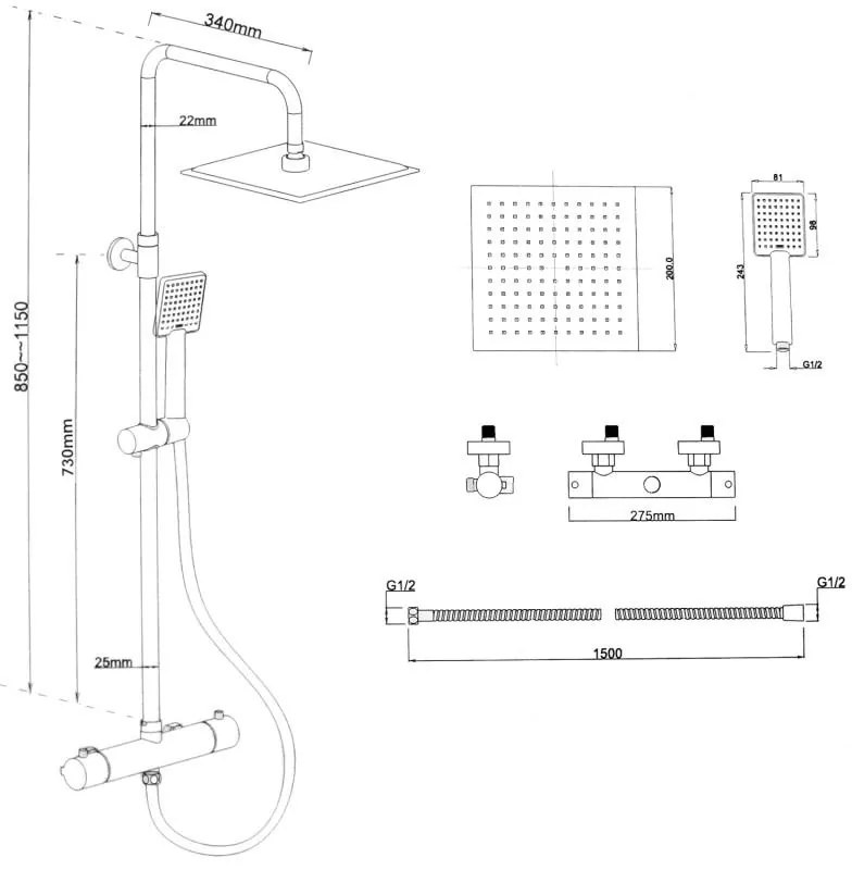 Erga Flova, zuhanygarnitúra termosztatikus csapteleppel és esőfejjel 20x20cm, fekete matt, ERG-YKA-BP.FLOVA THERM 20 BLK