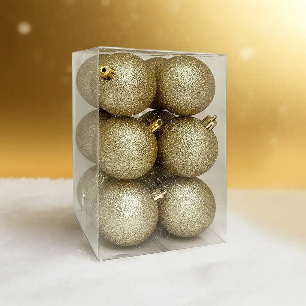 Arany glitteres műanyag karácsonyi gömb szett 12 × 6 cm 12 db