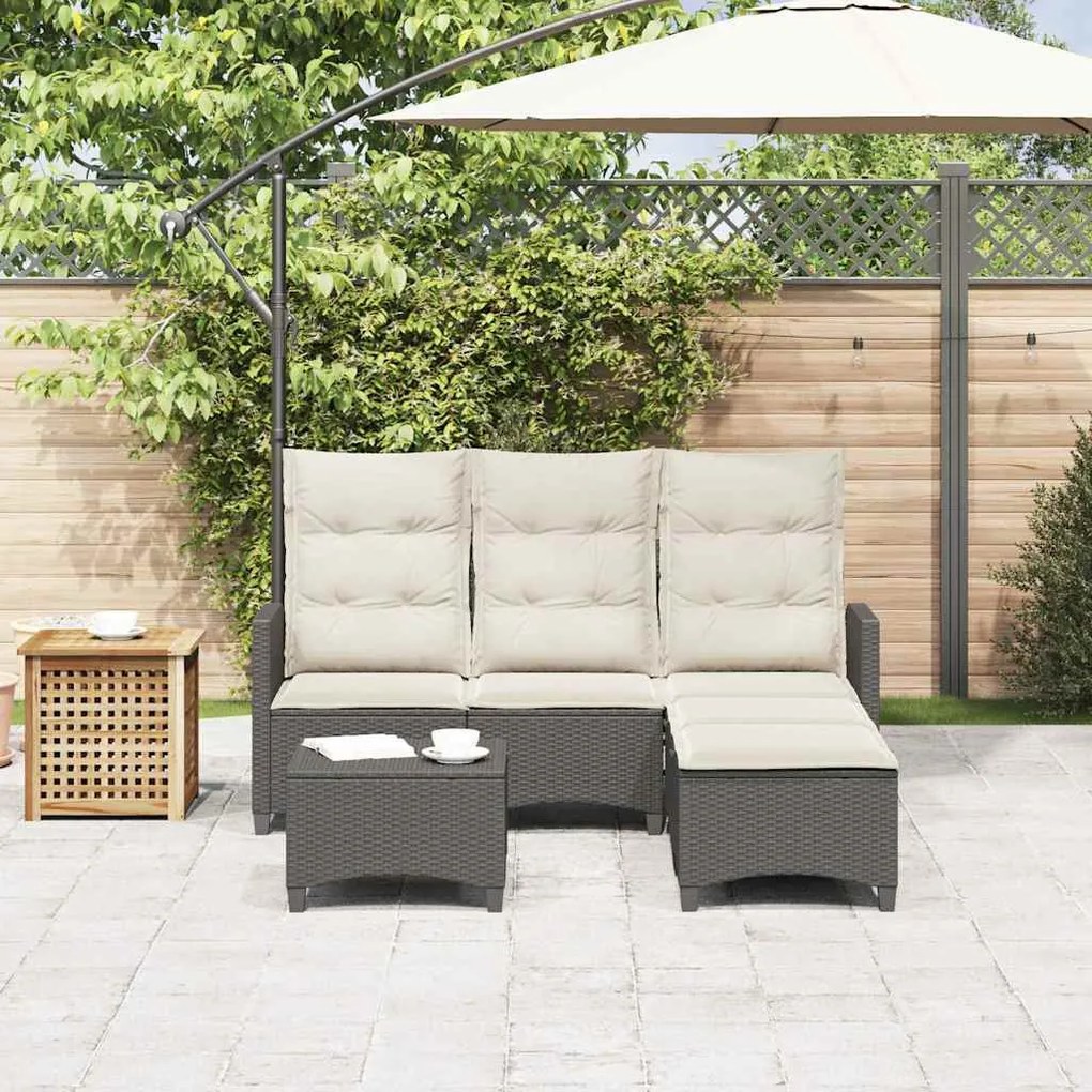 3 részes fekete polyrattan kerti ülőgarnitúra párnával L-alakú