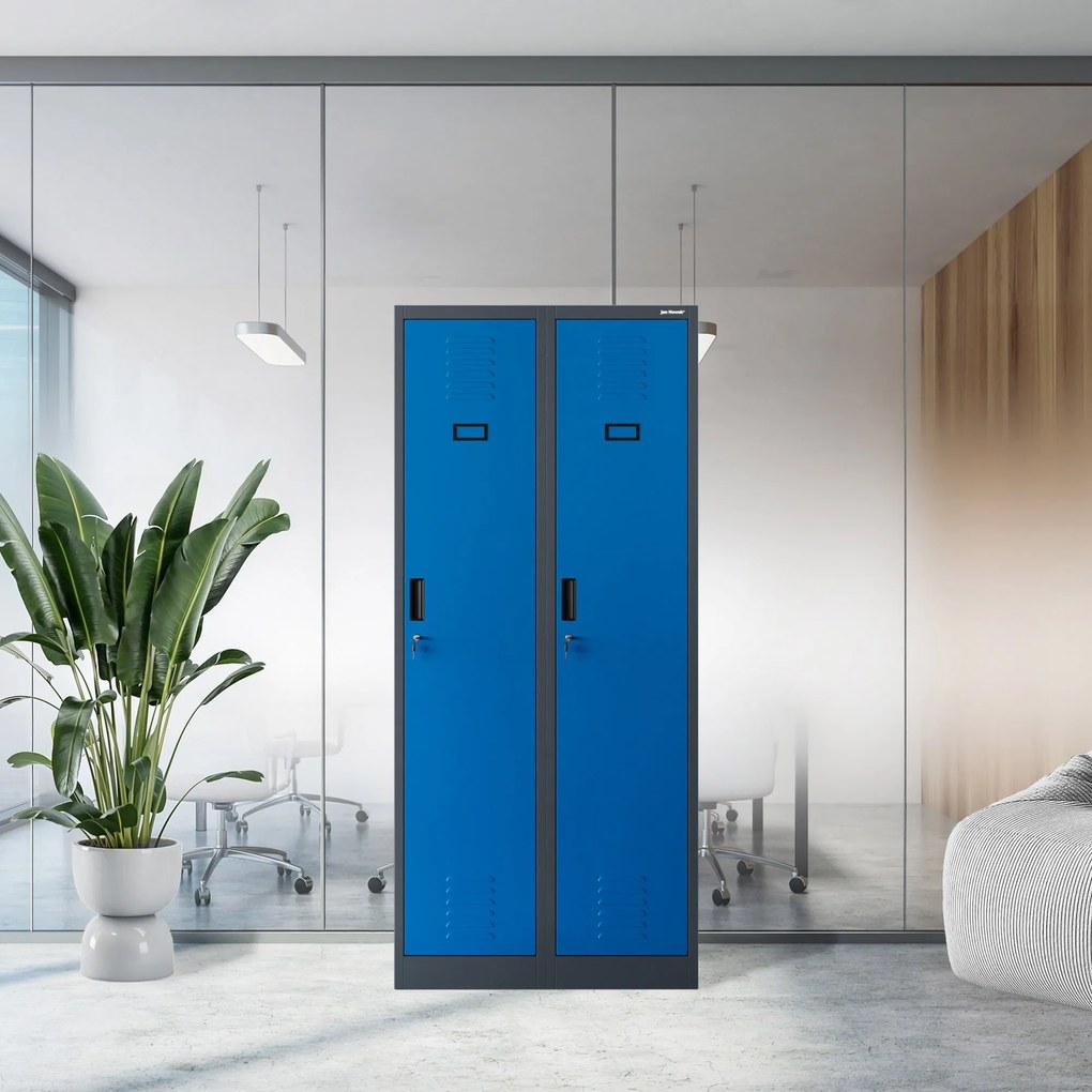 Pléh öltözőszekrény talpazaton, kétmodulos, polccal és köztes fallal KACPER, 800 x 1800 x 500 mm, antracit-kék