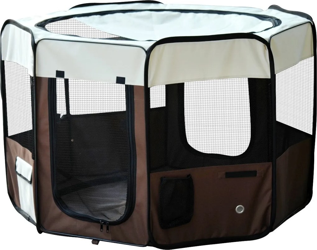 PawHut Összecsukható Nyolcszögletű Kerítés Macskák és Kisállatok Számára Oxford Anyagból és Acélból - méret Ø 117 x 76H cm - bézs-barna | Aosom