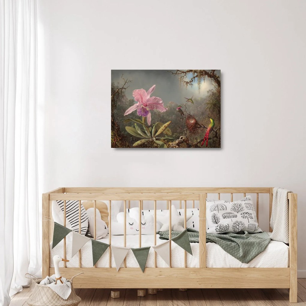 Üveg kép - Martin Johnson Heade, Cattleya Orchid and Three Hummingbirds, reprodukciók (70x50 cm)