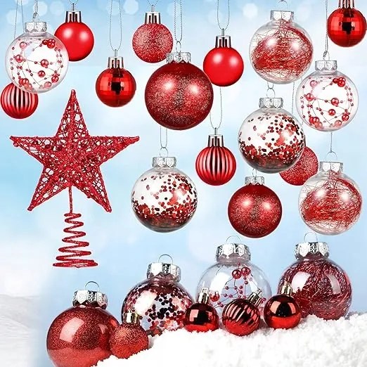 49x Karácsonyfa Bombák Karácsonyi Dekorációk Átlátszó Piros
