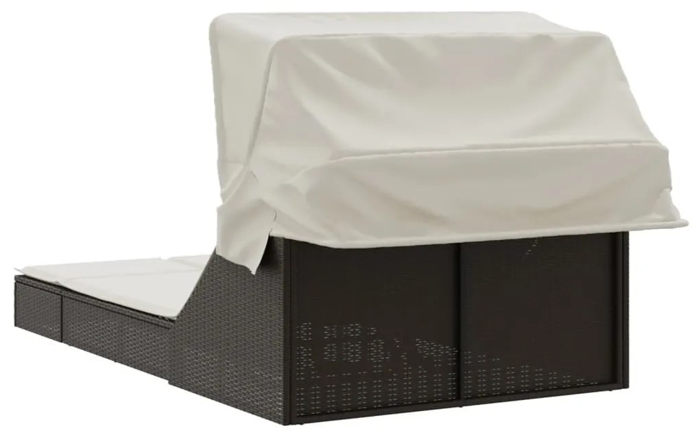 Barna polyrattan dupla napozóágy tetővel és párnával