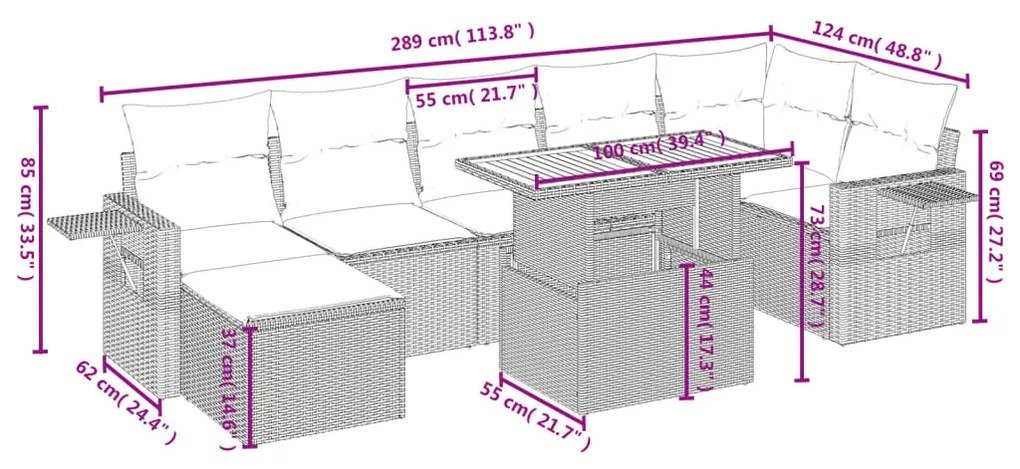 8 részes fekete polyrattan kerti ülőgarnitúra párnákkal