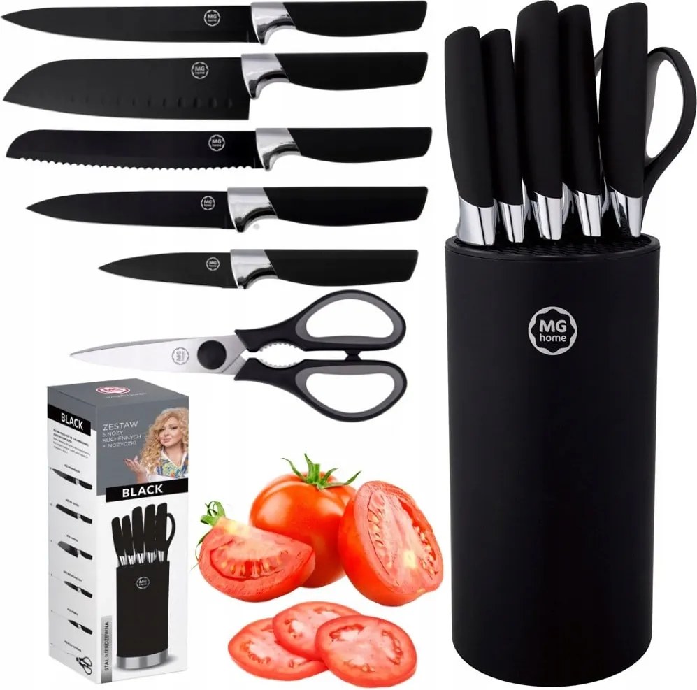 5 db-os késkészlet olló szett +állvány fekete éles rozsdamentes acél