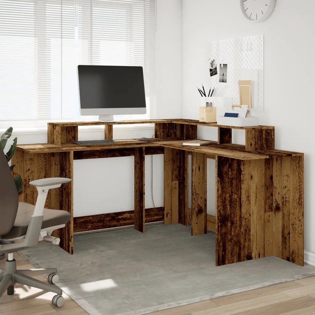 antik fa színű szerelt fa íróasztal LED-ekkel 152 x 152 x 91 cm