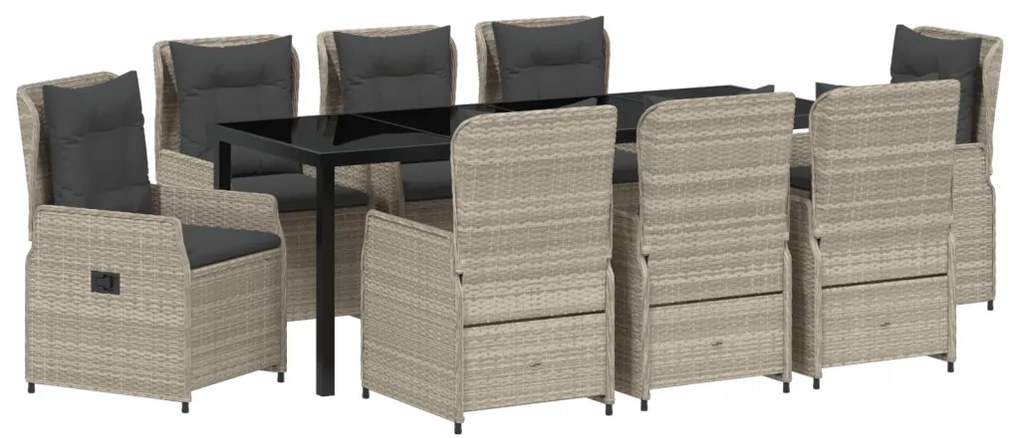 9 Részes Kerti Étkezőszett Világosszürke Poli Rattan, Kerti Asztal Fekete 200x80x73 cm Edzett Üvegből