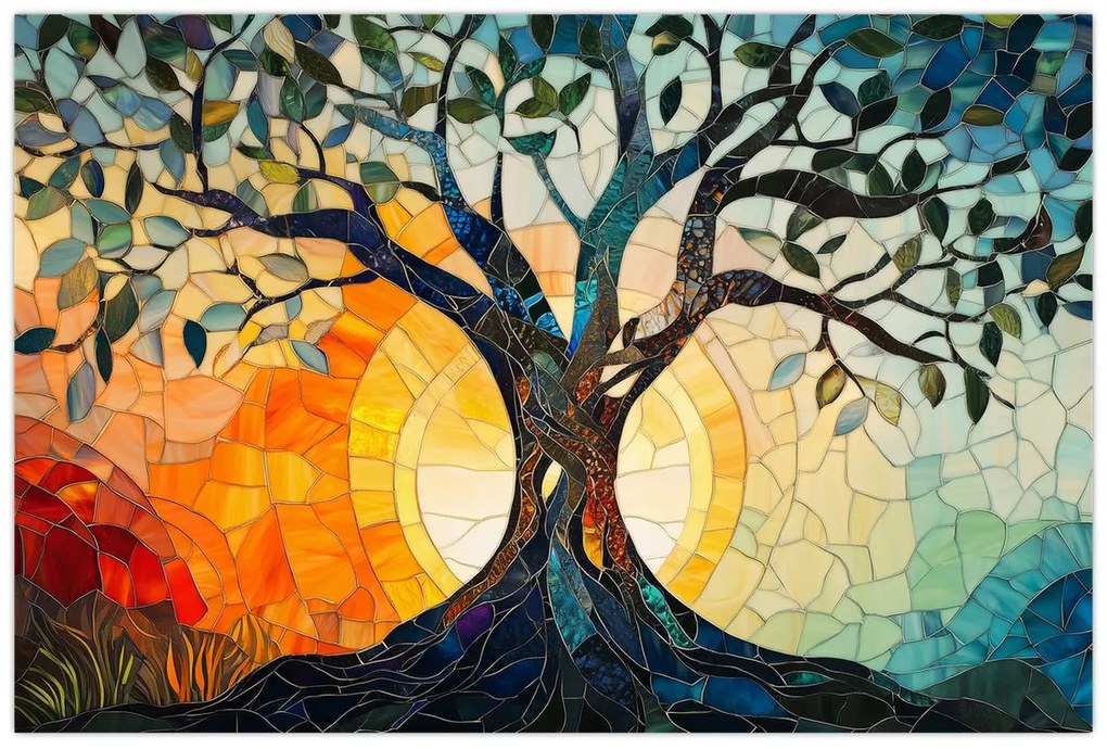 Kép – Mozaik – nap és fa I. (90x60 cm)