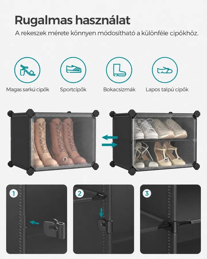 Összekapcsolható cipőtartó, 10 rekeszes műanyag cipőszekrény, fekete