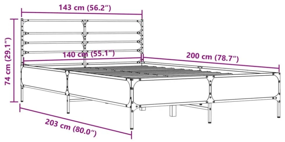 füstös tölgy színű szerelt fa és fém ágykeret 140 x 200 cm