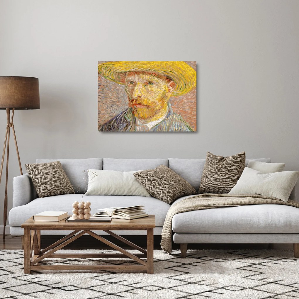 Üveg kép - Vincent van Gogh, Self-Portrait with a Straw Hat (The Potato Peeler), reprodukciók (70x50 cm)