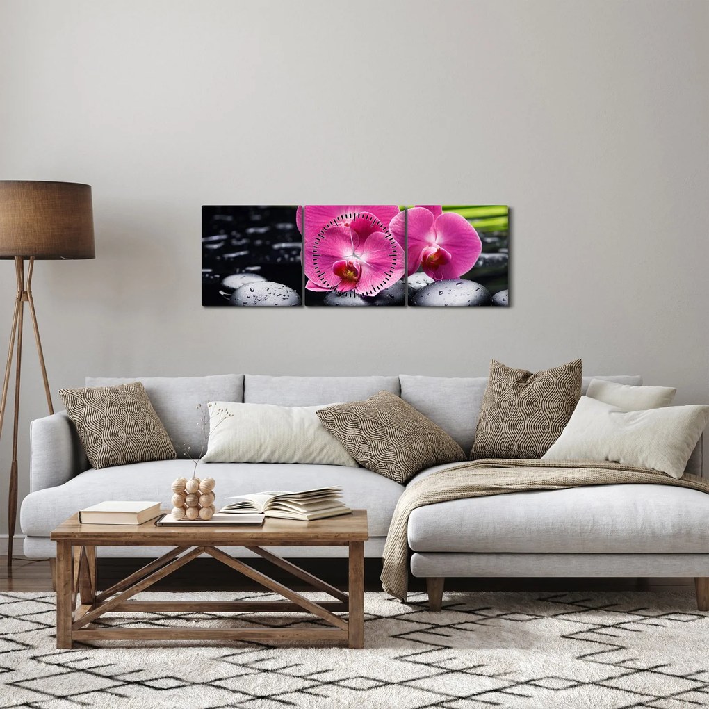 Kép - Rózsaszín orchidea pálmalevéllel (órával) (90x30 cm)