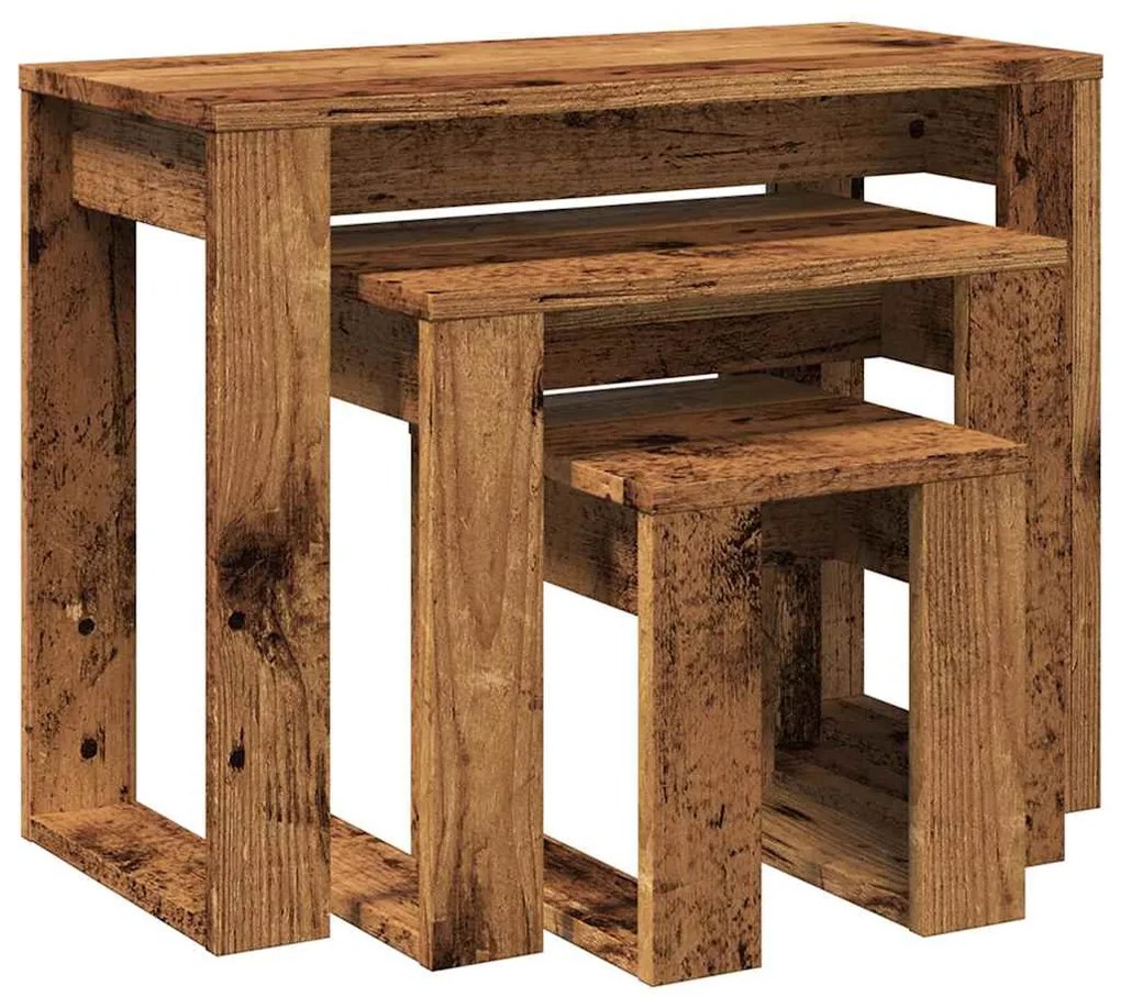 3 db antik fa színű szerelt fa egymásba tolható asztal