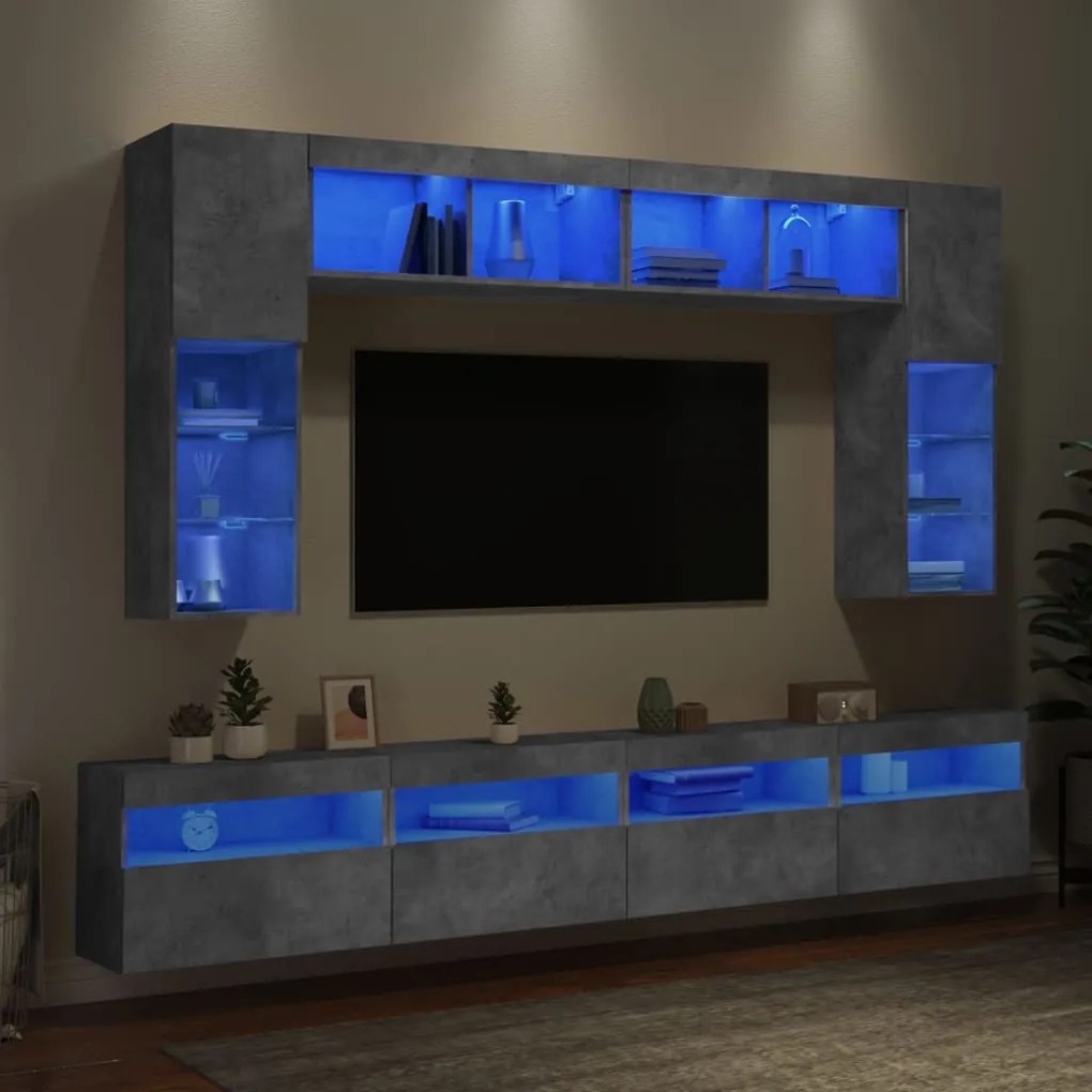 8 darabos betonszürke fali TV-szekrény szett LED-del