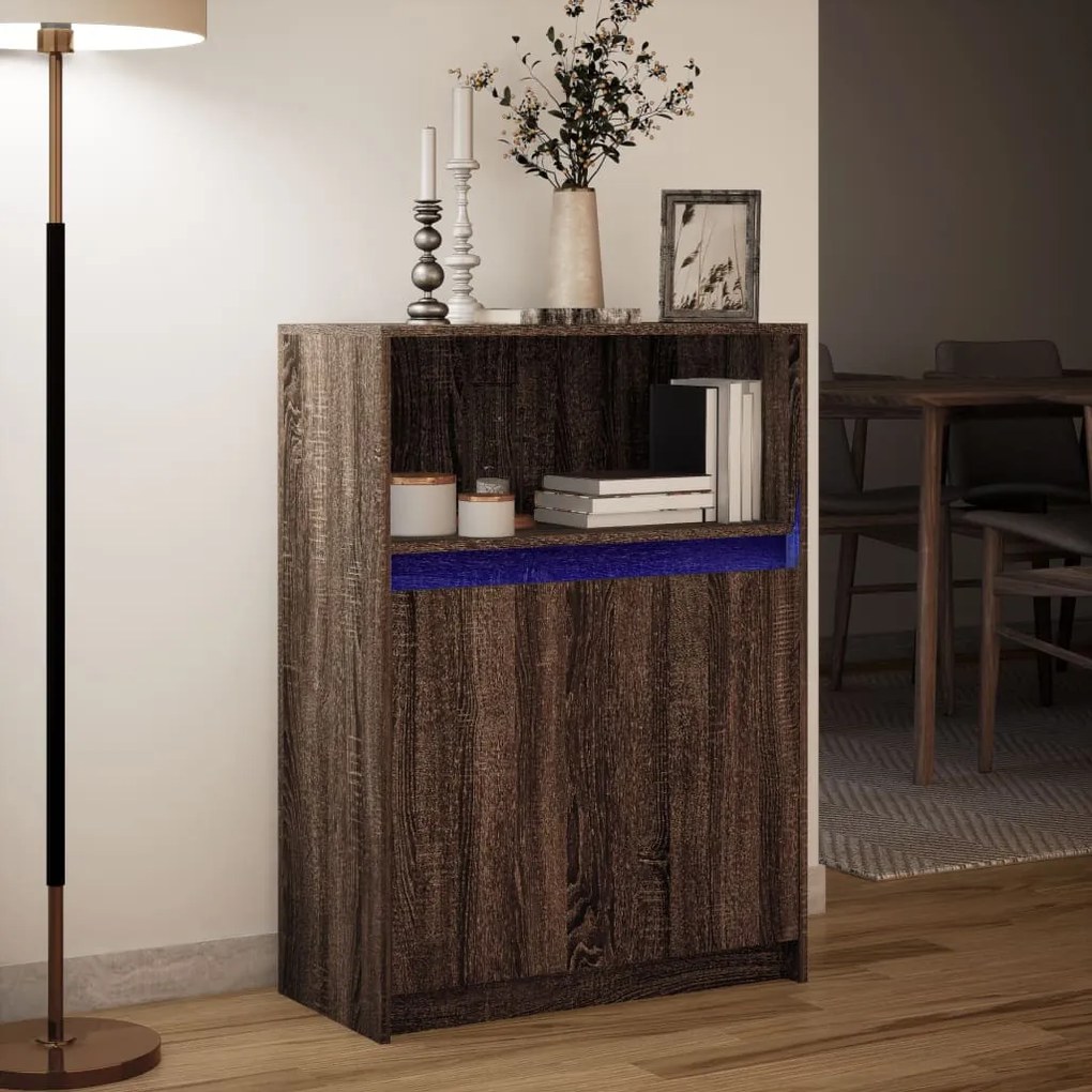 barna tölgy színű szerelt fa tálalószekrény LED-del 72x34x100cm
